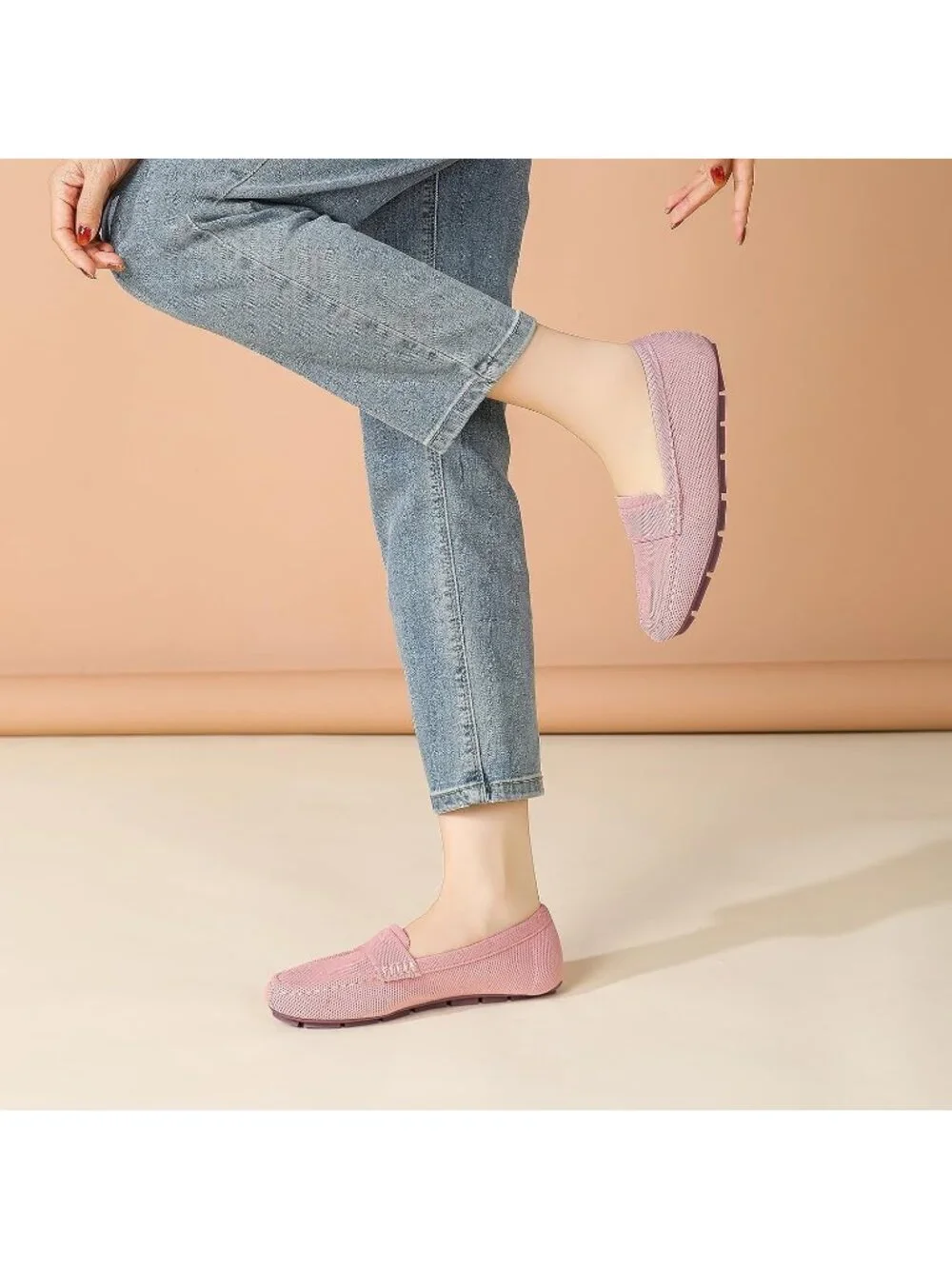 🆕Women's Light Pink Mesh fabric Loafer Shoes Comfortable Casual Flat Shoes